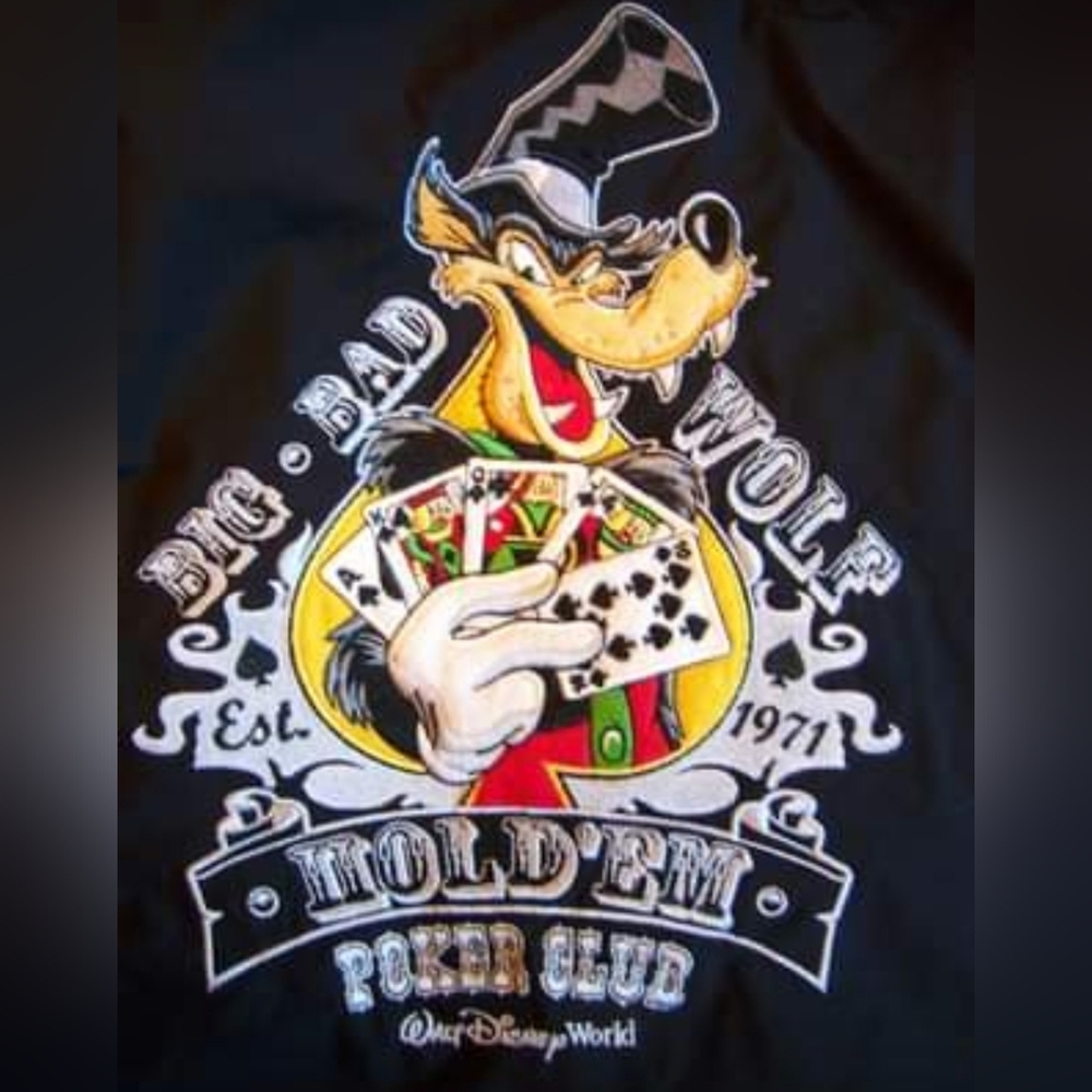 "Big Bad Wolf Hold'em Poker Club" Shirt Vtg Disney World Gray Size M 1990s Bowl